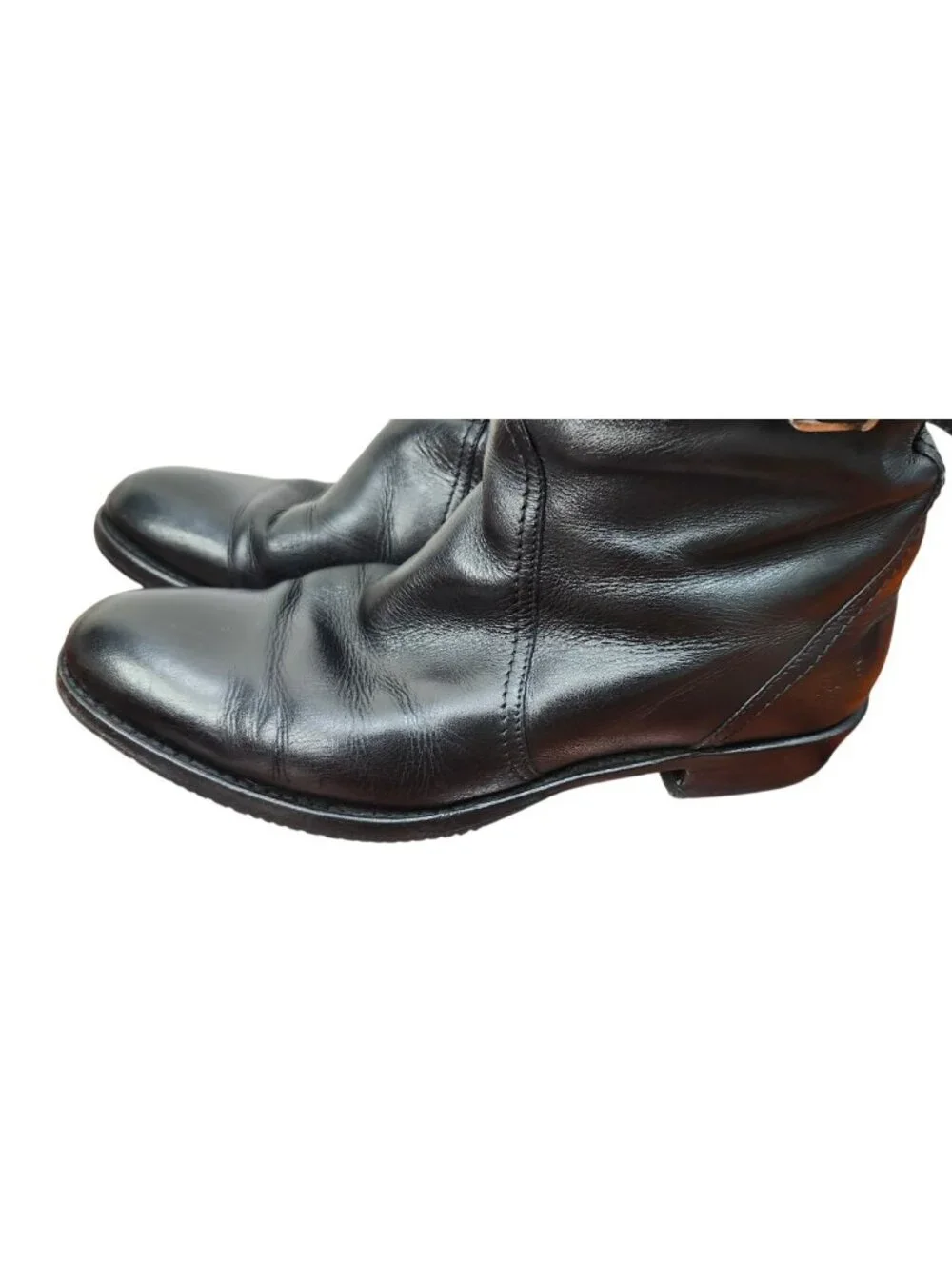 FRYE Black Leather Tall Riding Boots Size 8 Made in Spain Goodyear Welt Buckle